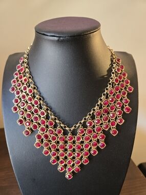 Gold-Tone Necklace with Fuchsia Crystal Drops - Women Jewelry